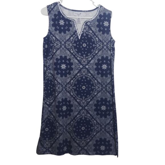 Caribbean Joe Blue Patterned Embroidered Sleeveless Resort Vacation Dress Sz PL - Picture 1 of 6